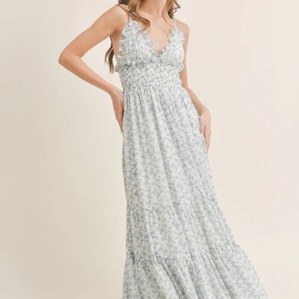 Floral Maxi Dress in Blue and White